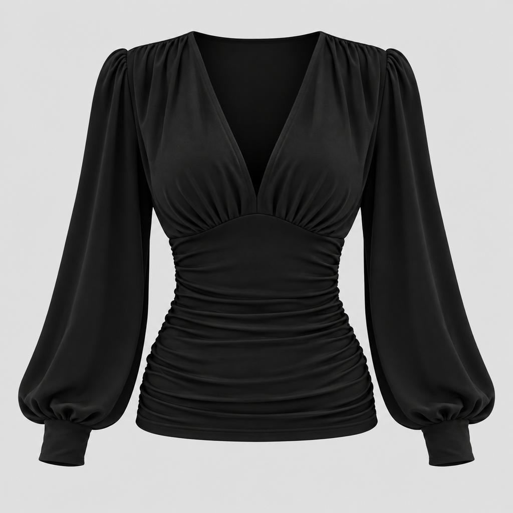 Dame Dyb V-Hals Bluse – Langærmet Wrap Front Top