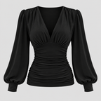 Dame Dyb V-Hals Bluse – Langærmet Wrap Front Top