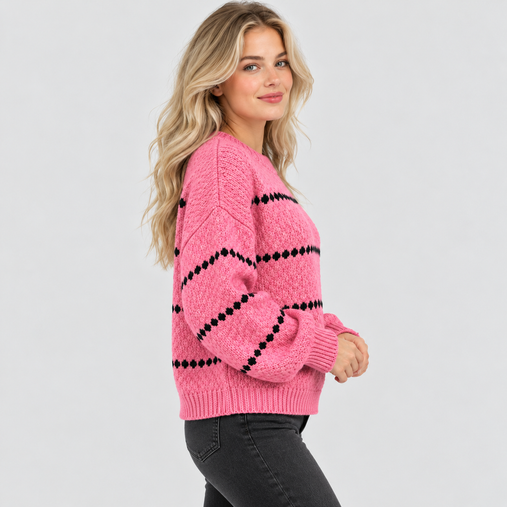 Oversized Popcorn-Strikket Sweater til Damer - Rund Hals, Ribkant