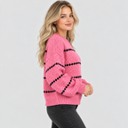Oversized Popcorn-Strikket Sweater til Damer - Rund Hals, Ribkant