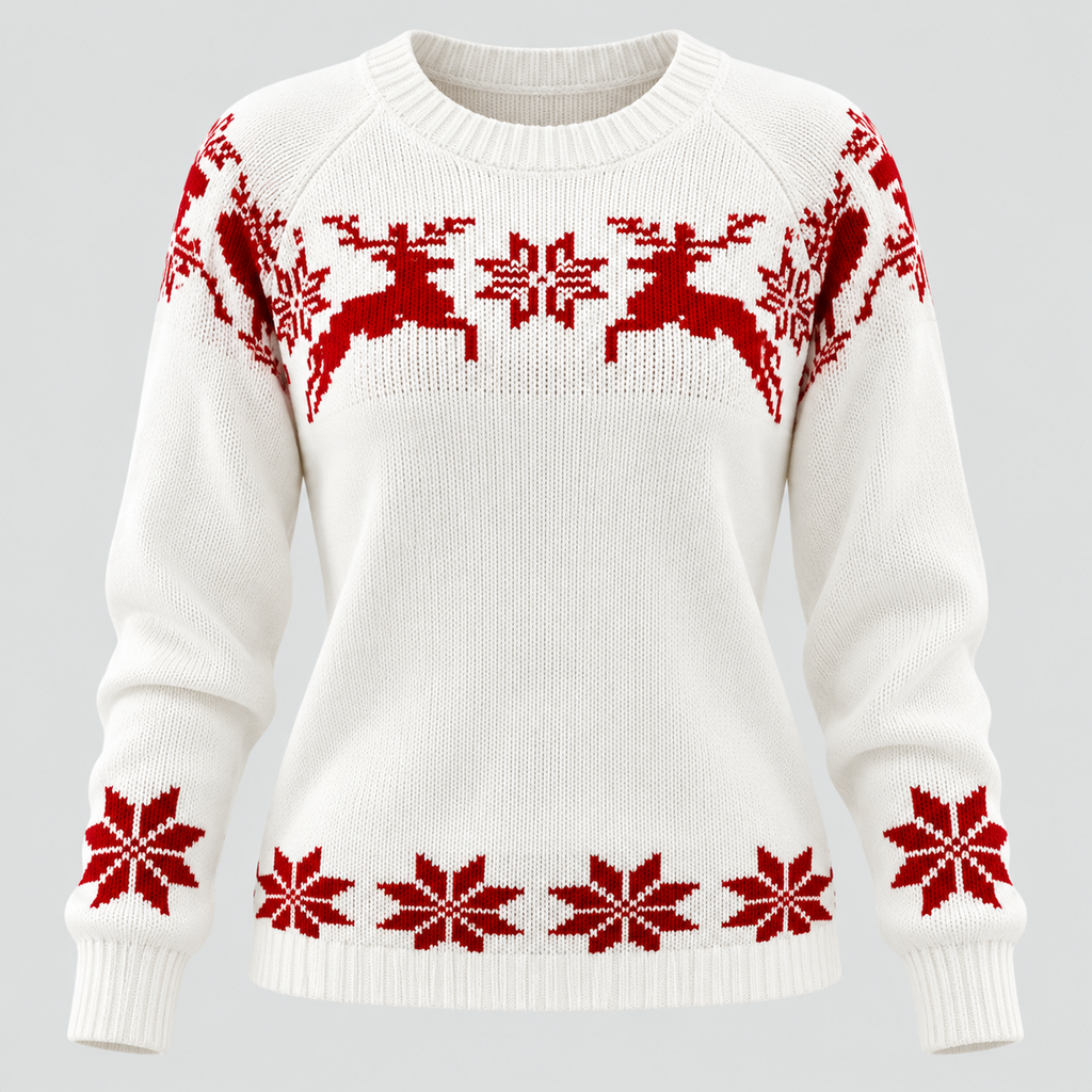 Julesweater med Rensdyr til Damer - Snefnugsstrik, Rund Hals