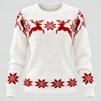 Julesweater med Rensdyr til Damer - Snefnugsstrik, Rund Hals