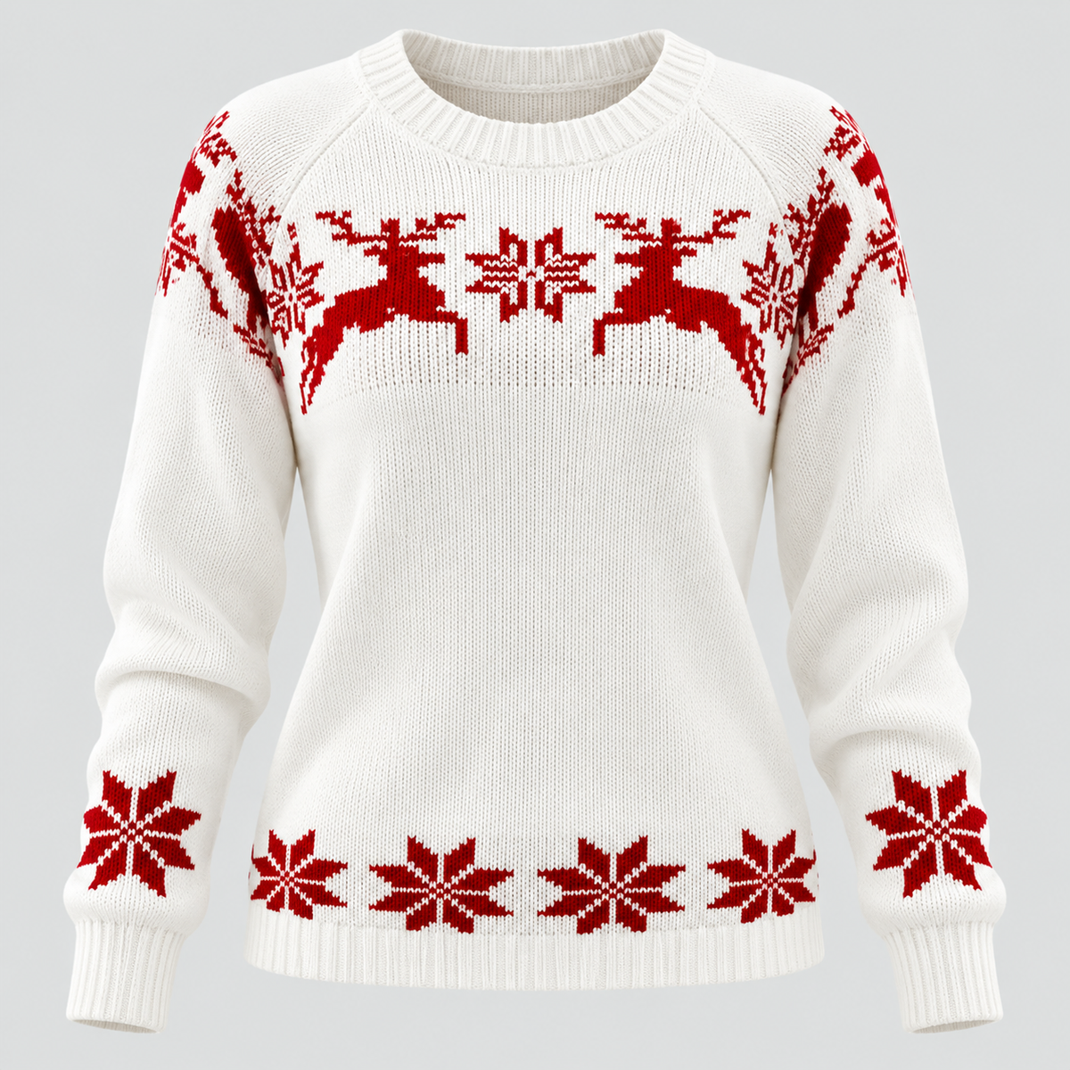 Julesweater med Rensdyr til Damer - Snefnugsstrik, Rund Hals