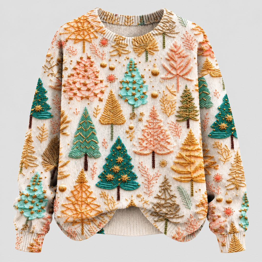Fyrretræsprintet Sweater - Rund Hals, Oversized Strik