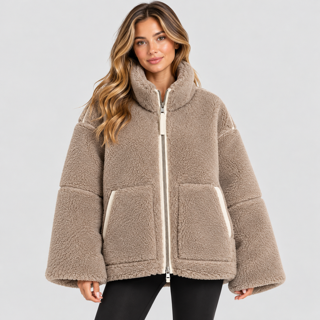 Oversized Teddyfrakke til Damer - Revers, Påsyede Lommer