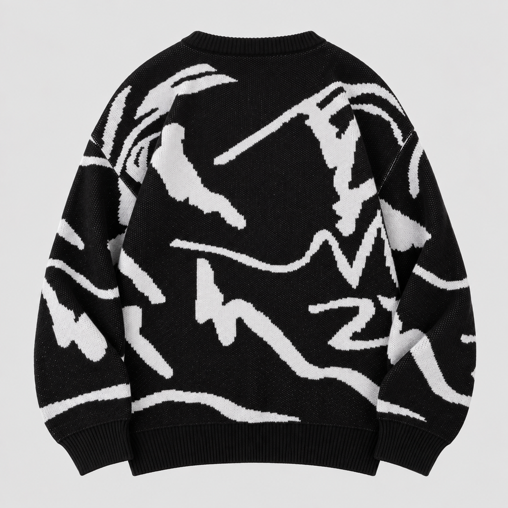 Graffiti Print Sweater til Herrer - Crew Neck Strik med Ribbede Manchetter