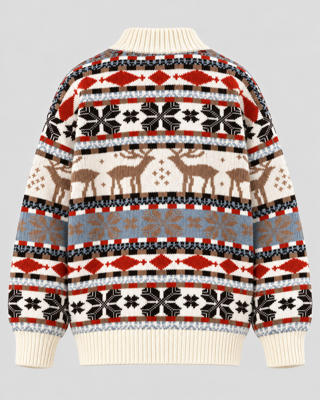 Fair Isle Rensdyrsweater til Damer - Snefnugsbånd, Ribbet Rund Hals