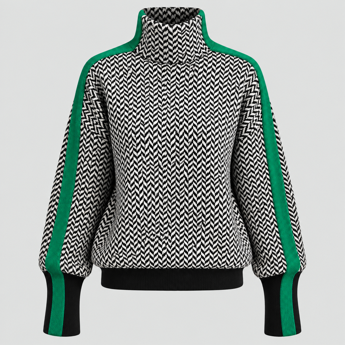 Strikket Sweater til Damer - Kontraststribe med Høj Krave