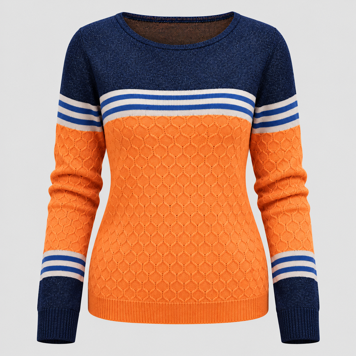 Colorblock Sweater til Damer - Rund Hals, Knapdetalje