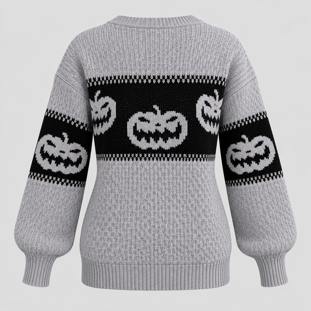 Græskarsweater til Damer - Strik med Uhyggeligt Ansigt til Halloween