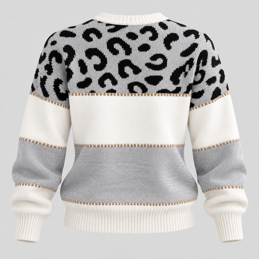 Strikket Sweater til Damer - Leopardprint med Colorblock-Felter