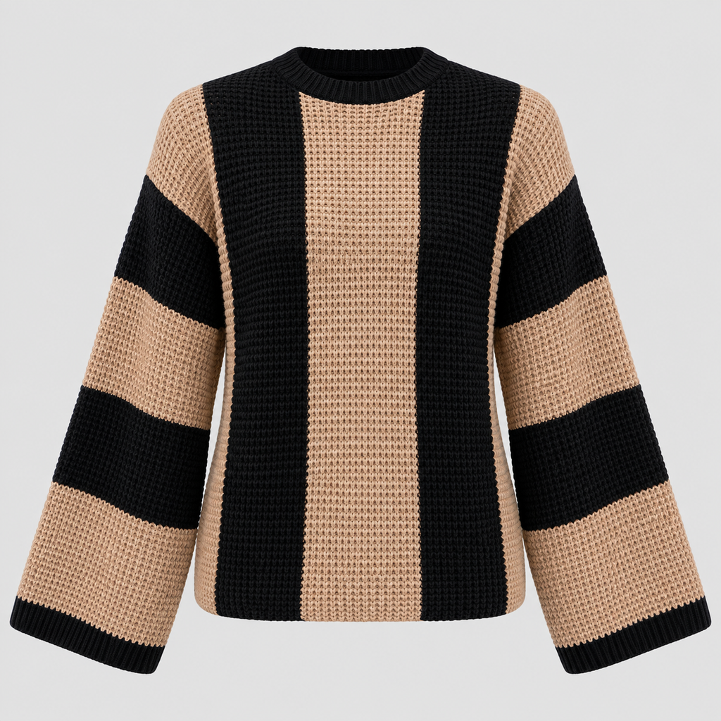 Stribet Sweater til Damer - Tan og Sort Blokstribet Strik