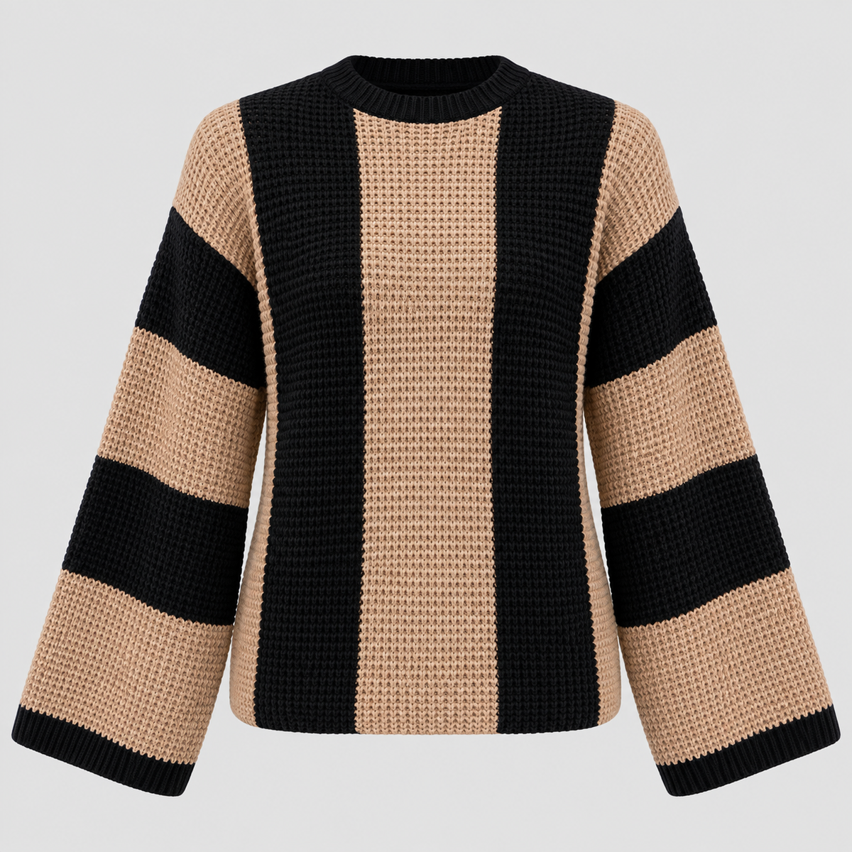 Stribet Sweater til Damer - Tan og Sort Blokstribet Strik