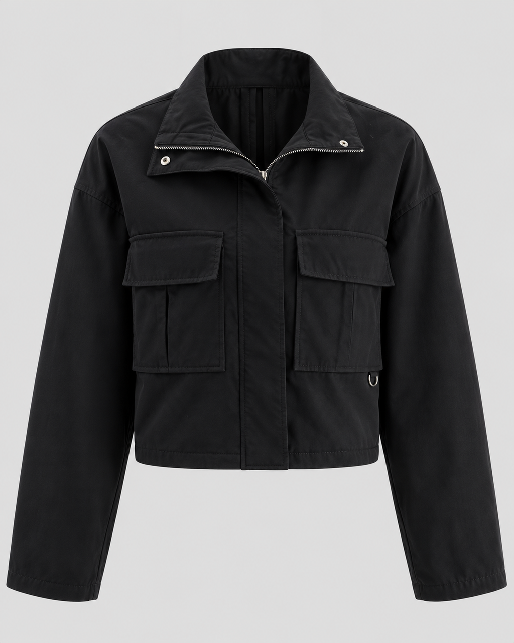Slouchy Cropped Jakke til Damer - Koksgrå Sort, Ståkrave, Brystlommer