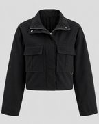 Slouchy Cropped Jakke til Damer - Koksgrå Sort, Ståkrave, Brystlommer
