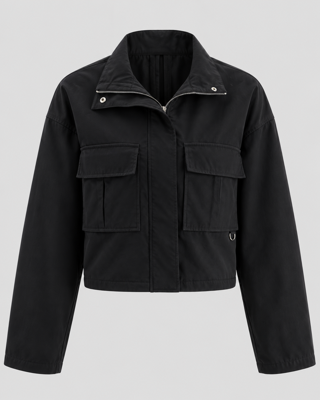 Slouchy Cropped Jakke til Damer - Koksgrå Sort, Ståkrave, Brystlommer