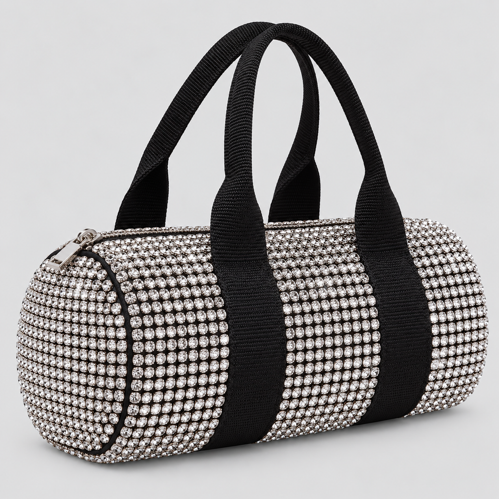 Hanekamsmønstret Barrel Bag til Damer - Cylindrisk Facon med Læderlook-Kant