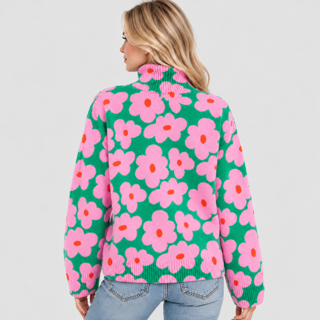 Blomsterprintet Rullekravesweater - Strikket i Pink og Grøn