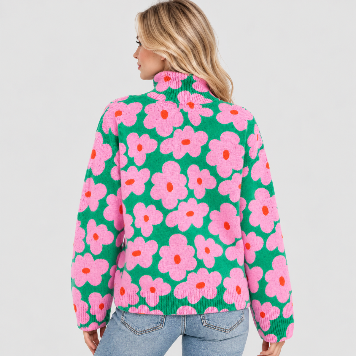 Blomsterprintet Rullekravesweater - Strikket i Pink og Grøn