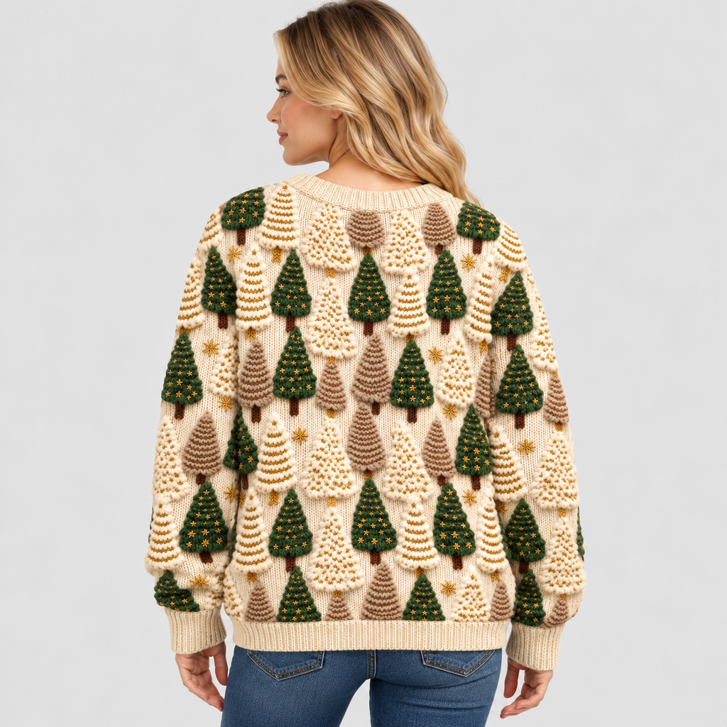 Fyrretræsprintet Sweater - Rund Hals, Oversized Strik