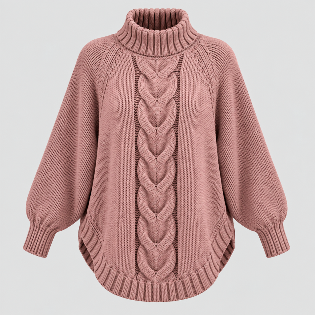 Chunky Strikket Sweater til Damer - Oversized Kabelstrik med Rullekrave