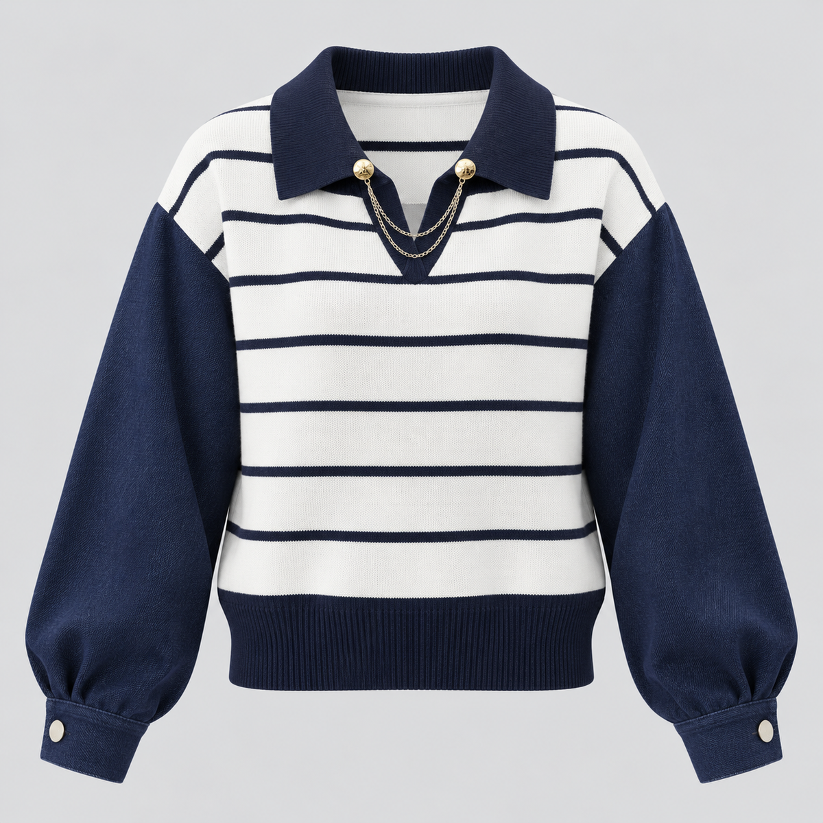 Strikket Top med Polokrave til Damer - Denimærmedetalje