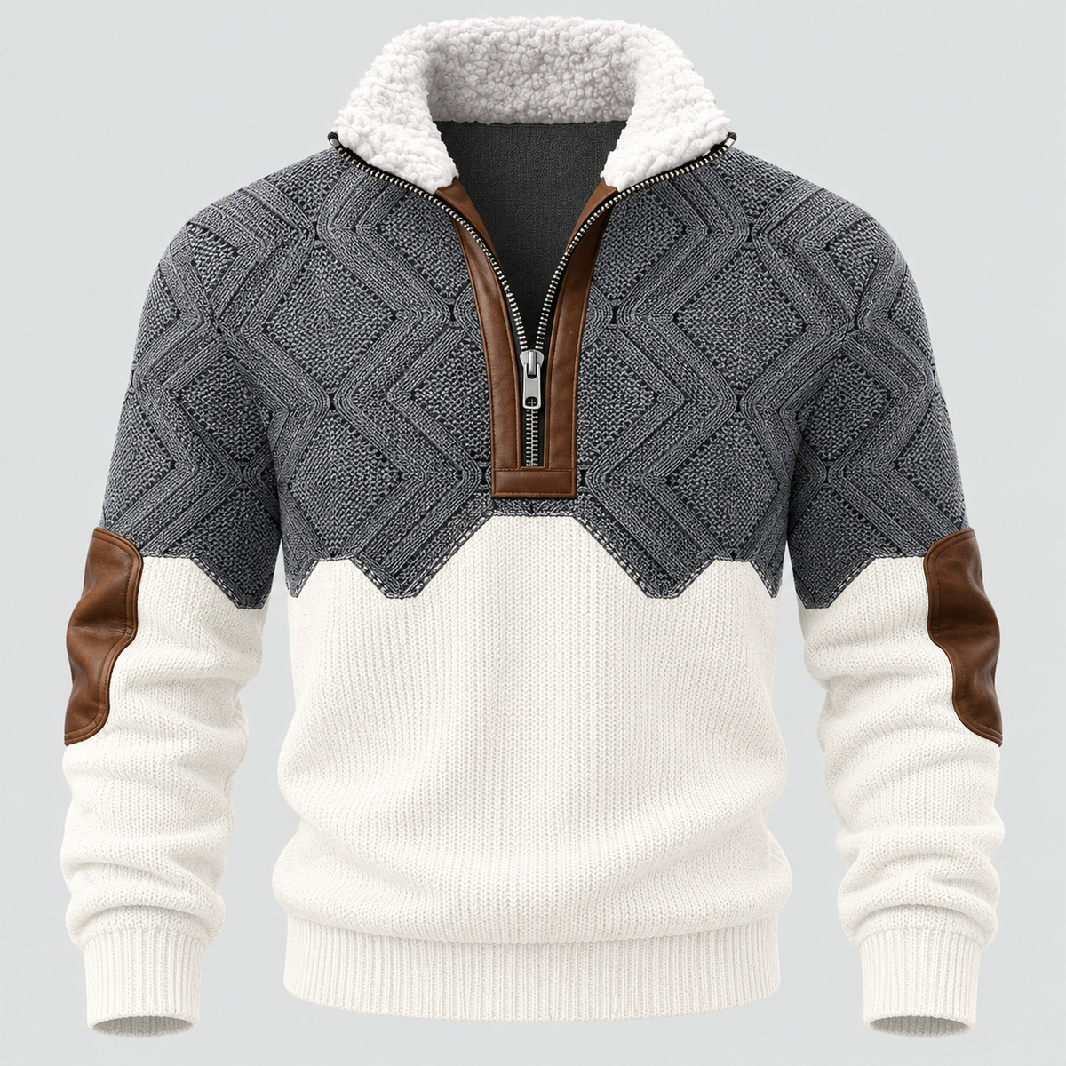 Half-Zip Pullover til Herrer - Kabelstrikpanel, Foret Ståkrave