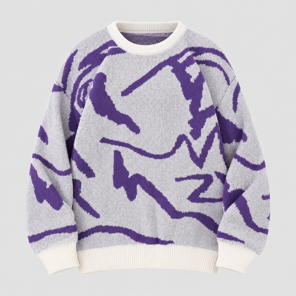 Graffiti Print Sweater til Herrer - Crew Neck Strik med Ribbede Manchetter