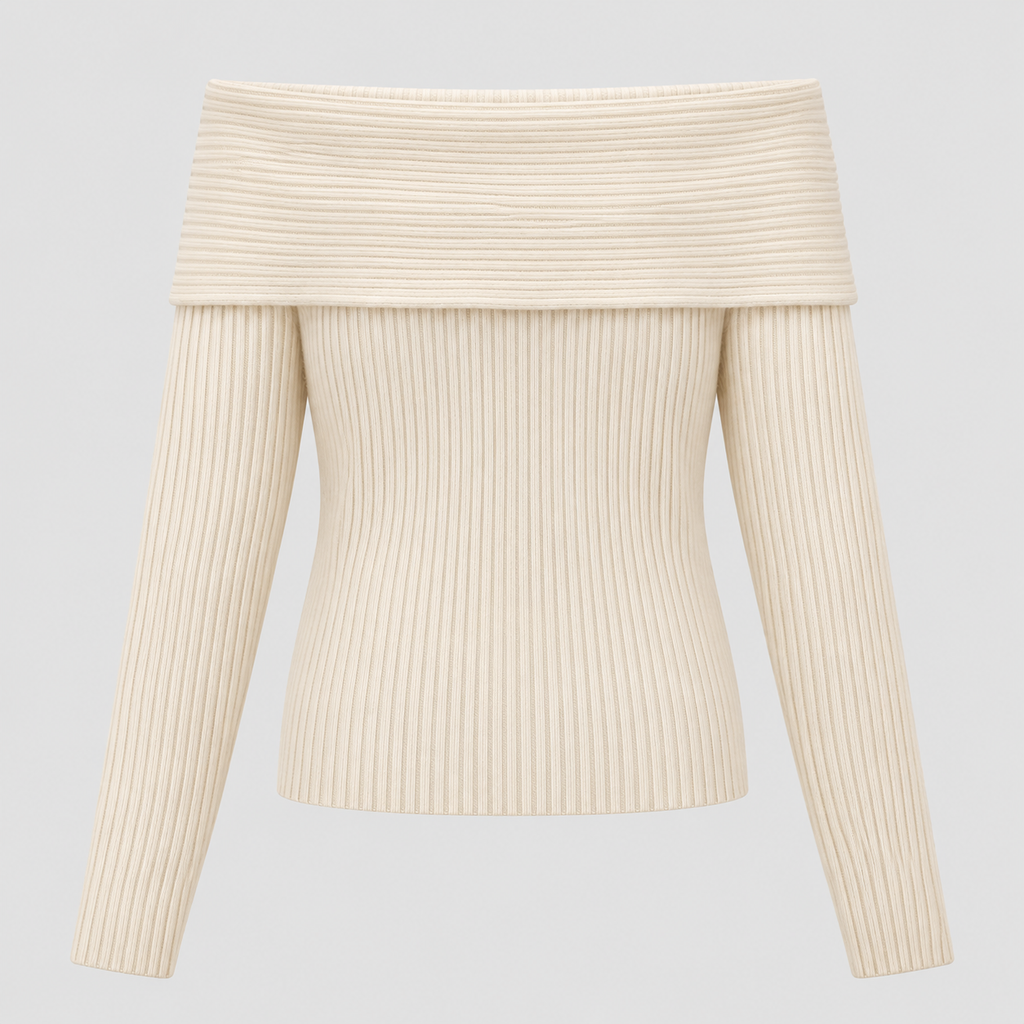 Off-Shoulder Sweater til Damer - Foldet Halsudskæring, Lange Ærmer