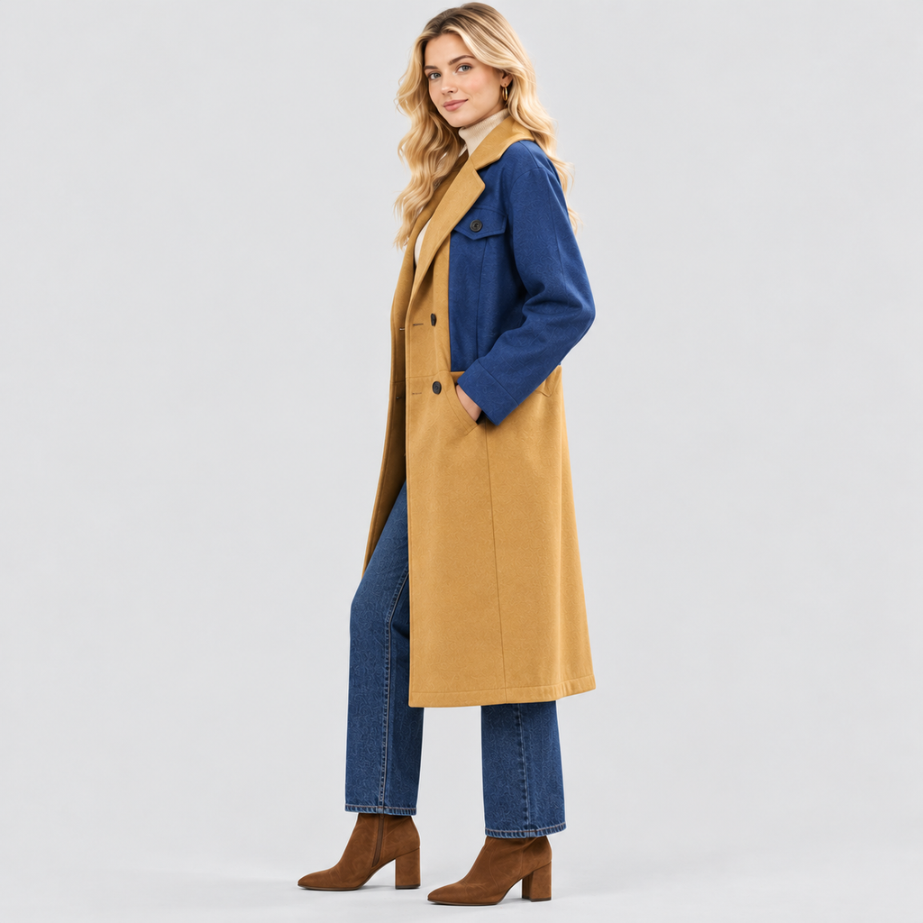 Lang Colorblock Frakke til Damer - Dobbeltradet, Denimlook Paneler