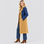 Lang Colorblock Frakke til Damer - Dobbeltradet, Denimlook Paneler