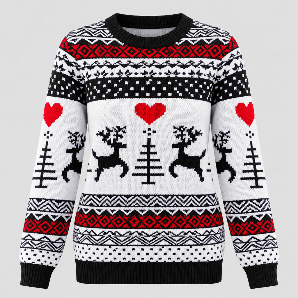 Julesweater med Rensdyr til Damer - Fair Isle Strik, Rund Hals