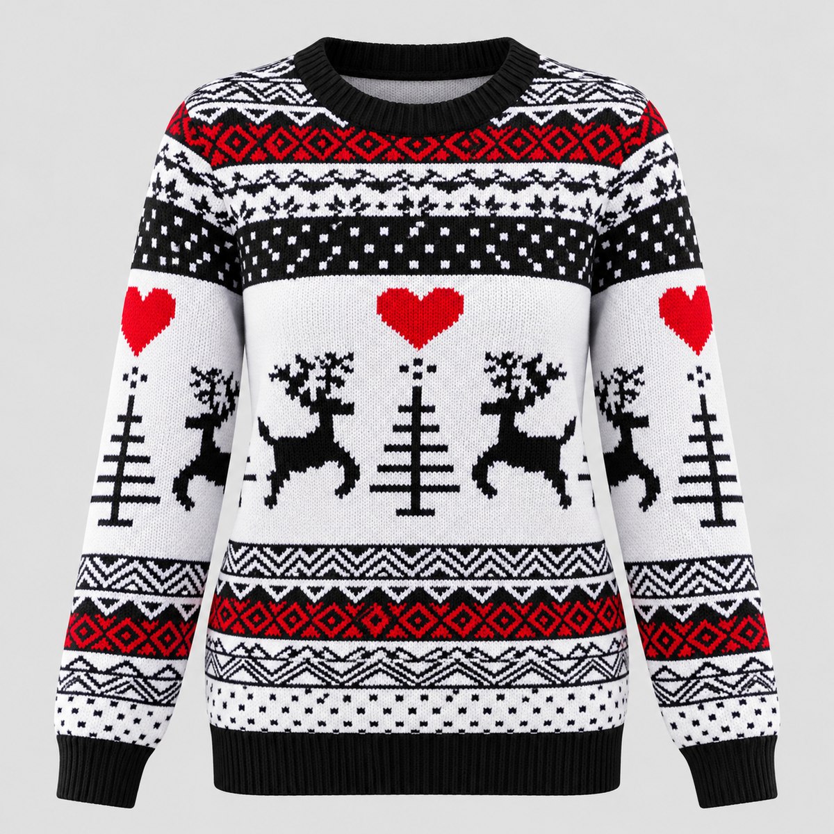 Julesweater med Rensdyr til Damer - Fair Isle Strik, Rund Hals