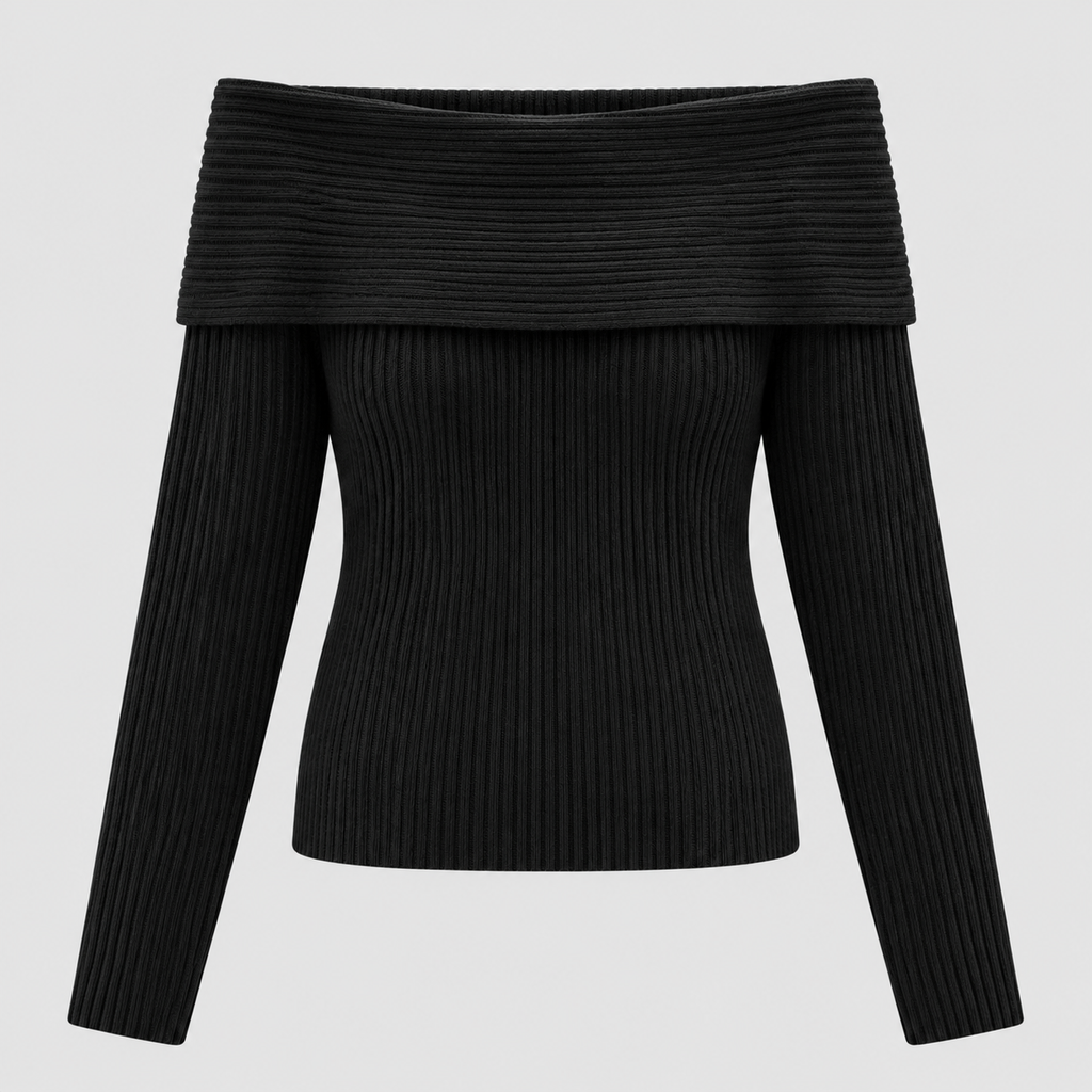 Off-Shoulder Sweater til Damer - Foldet Halsudskæring, Lange Ærmer