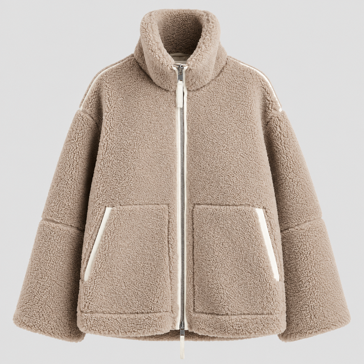 Oversized Teddyfrakke til Damer - Revers, Påsyede Lommer