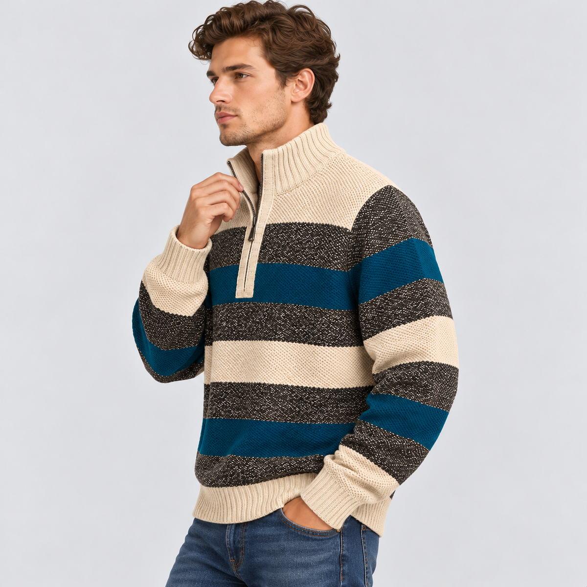 Stribet Sweater med Kort Lynlås til Herrer - Ribbede Manchetter og Kant