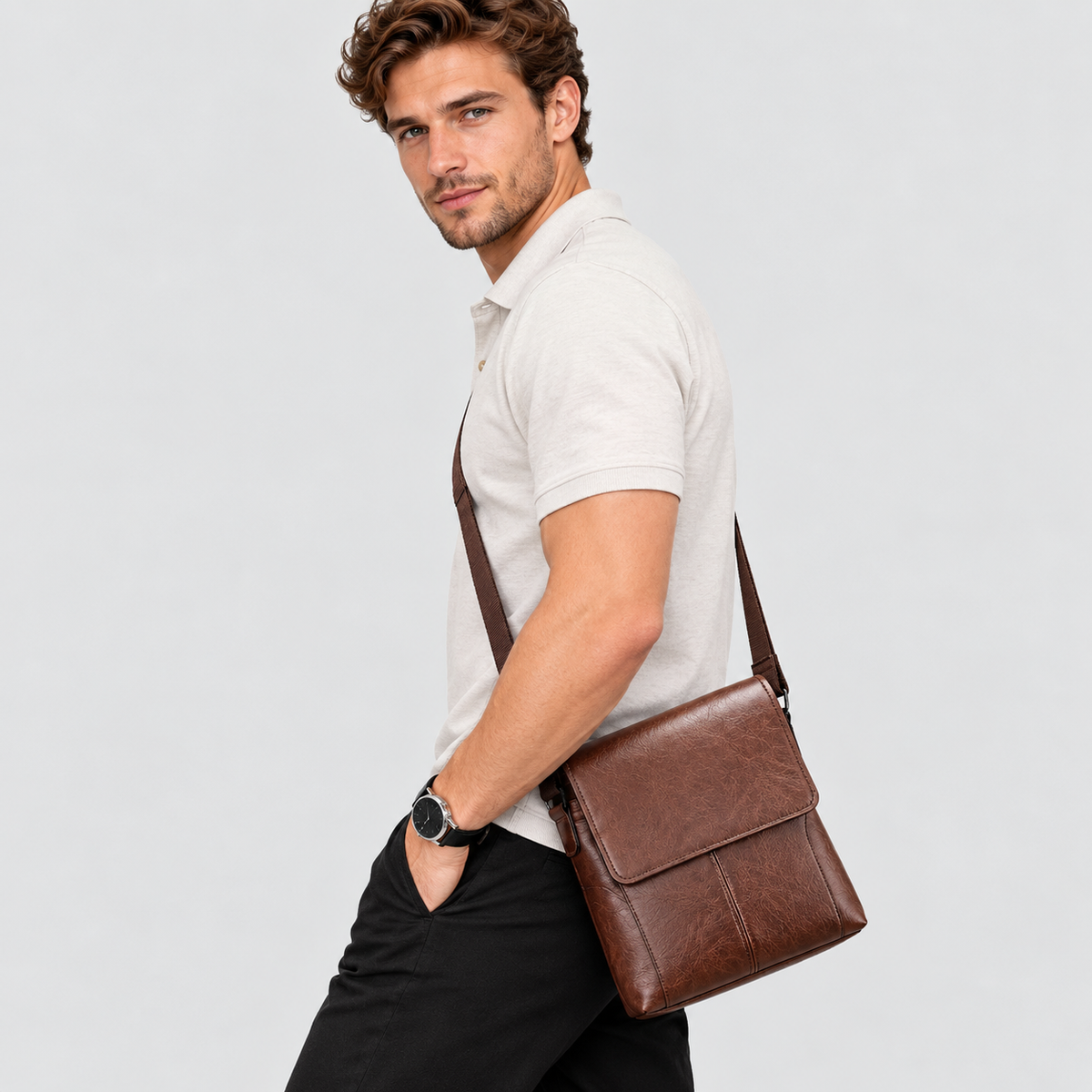 Messenger Bag i PU til Herrer - Crossbody med Spids Klapdetalje