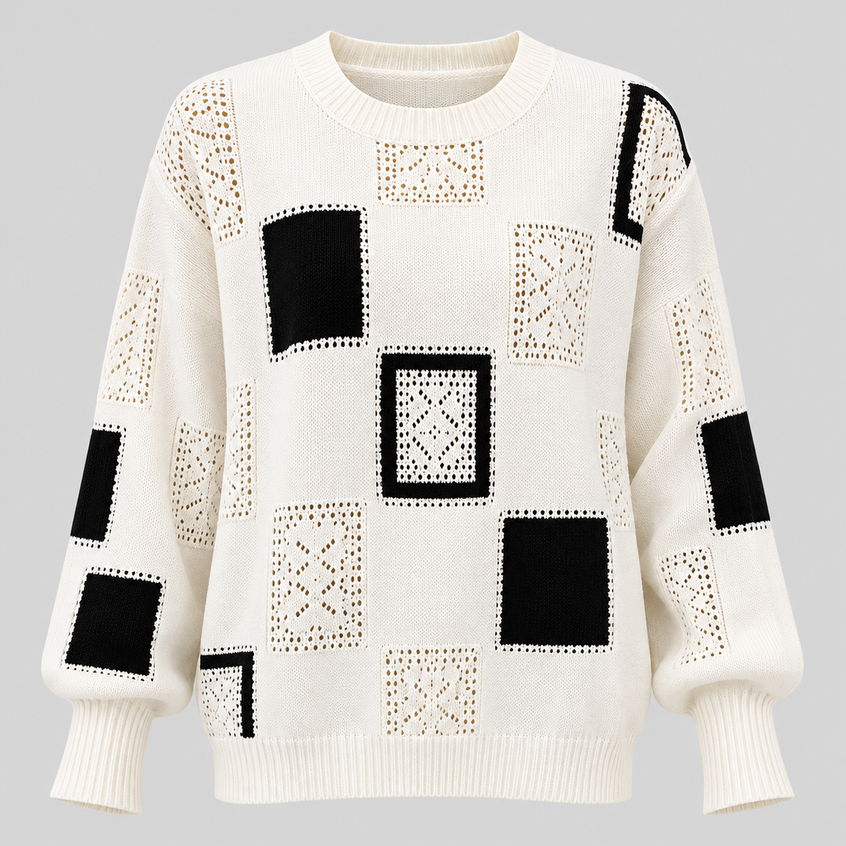 Sweater med Abstrakt Kvadratmønster til Damer - Lange Ærmer