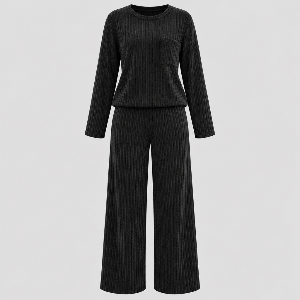 Dame Ribbet Loungesæt – Langærmet Vide Bukser Loungewear