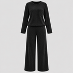 Dame Ribbet Loungesæt – Langærmet Vide Bukser Loungewear