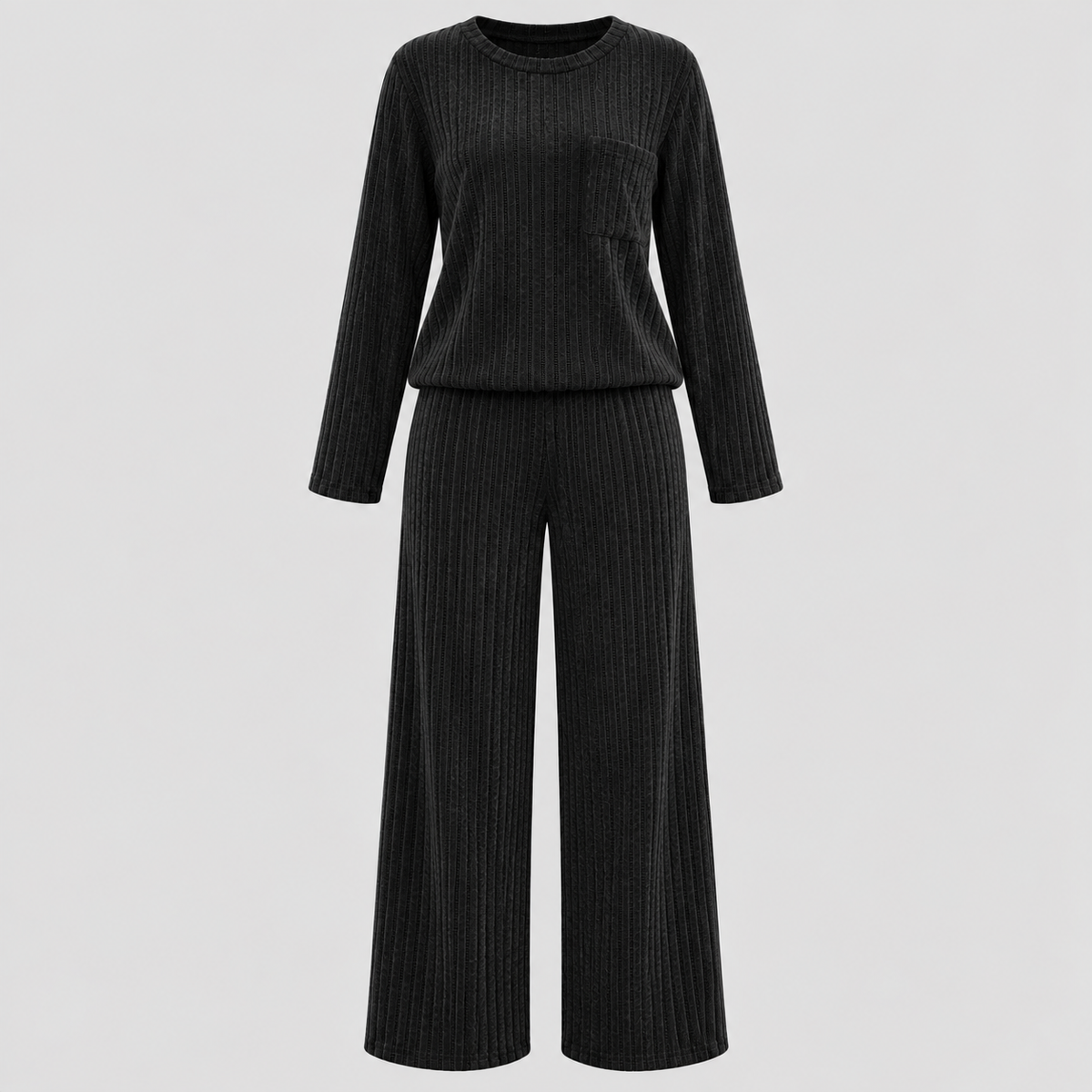 Dame Ribbet Loungesæt – Langærmet Vide Bukser Loungewear