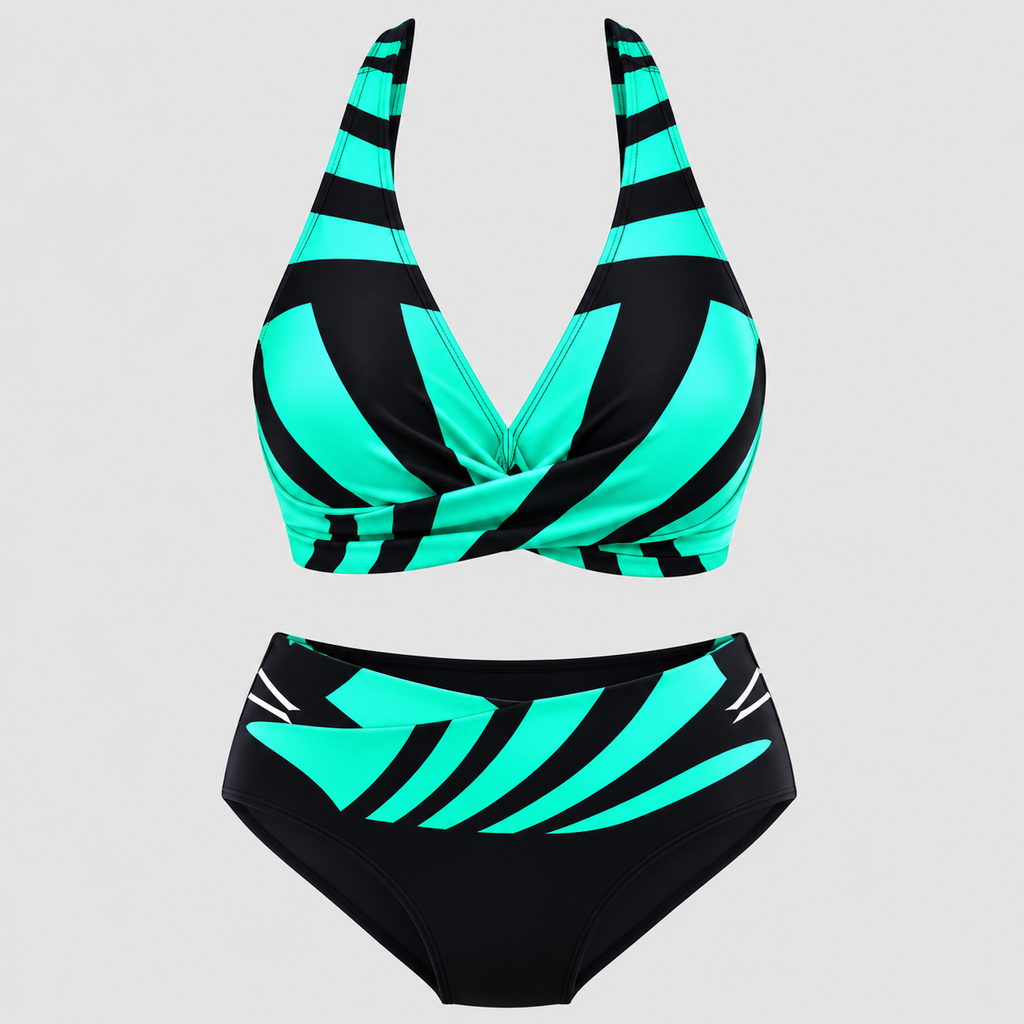 Højtaljet Bikinisæt til Damer - Stribet Print med Justerbare Stropper