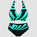 Højtaljet Bikinisæt til Damer - Stribet Print med Justerbare Stropper