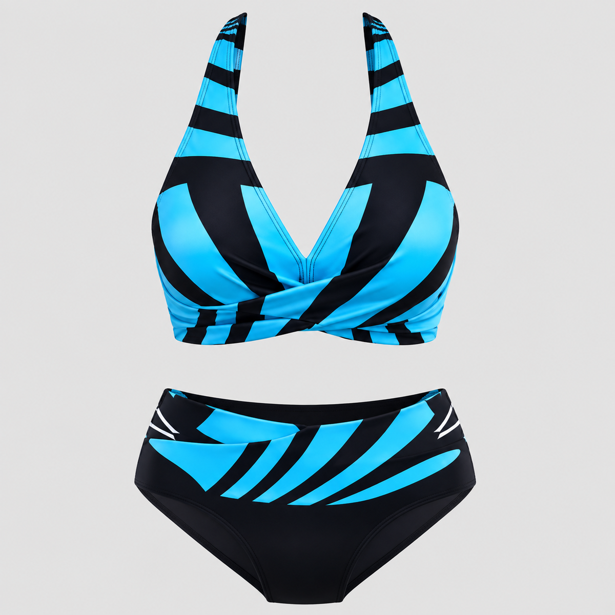Højtaljet Bikinisæt til Damer - Stribet Print med Justerbare Stropper