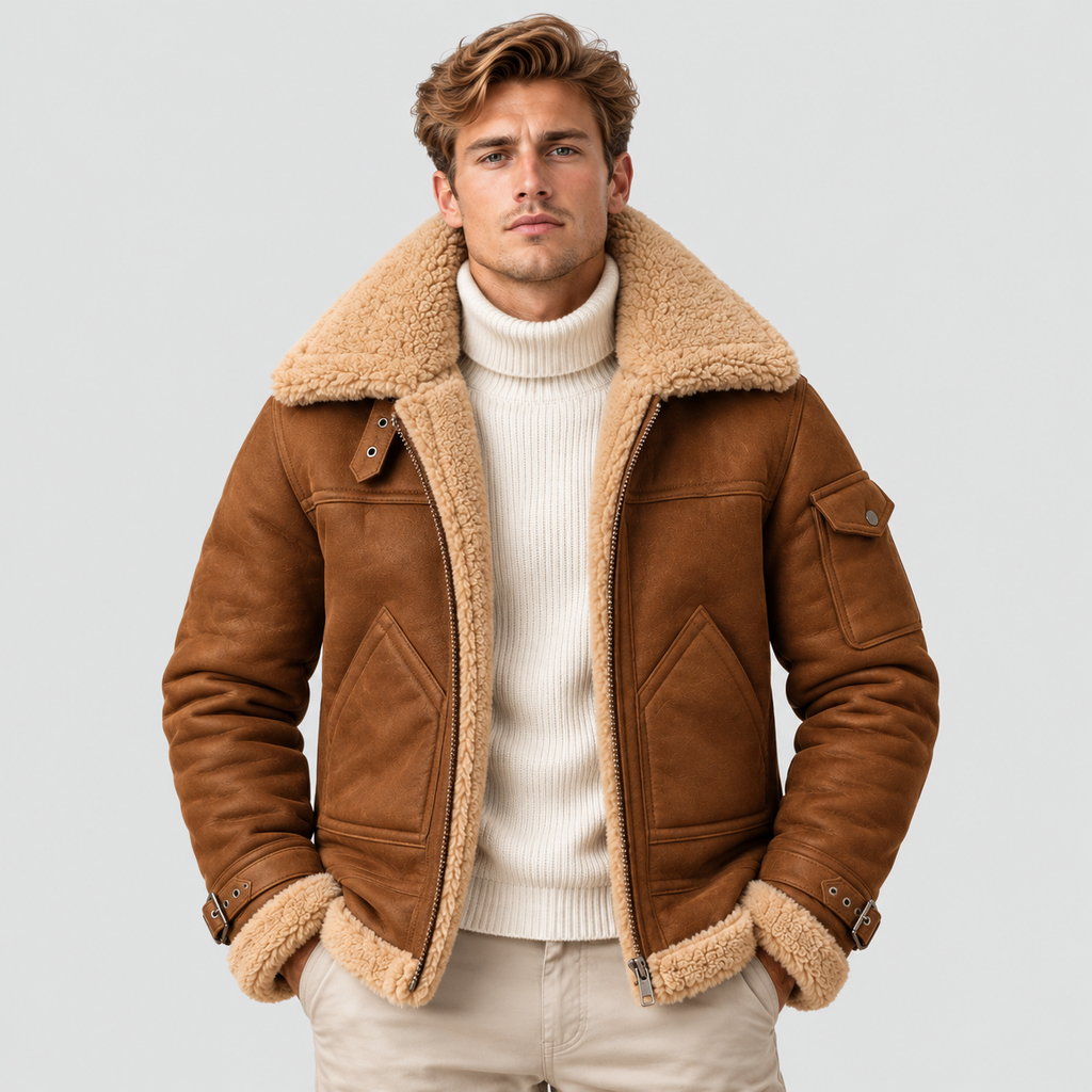 Læderlook Pilotjakke til Herrer - Bred Krave i Shearling-Stil