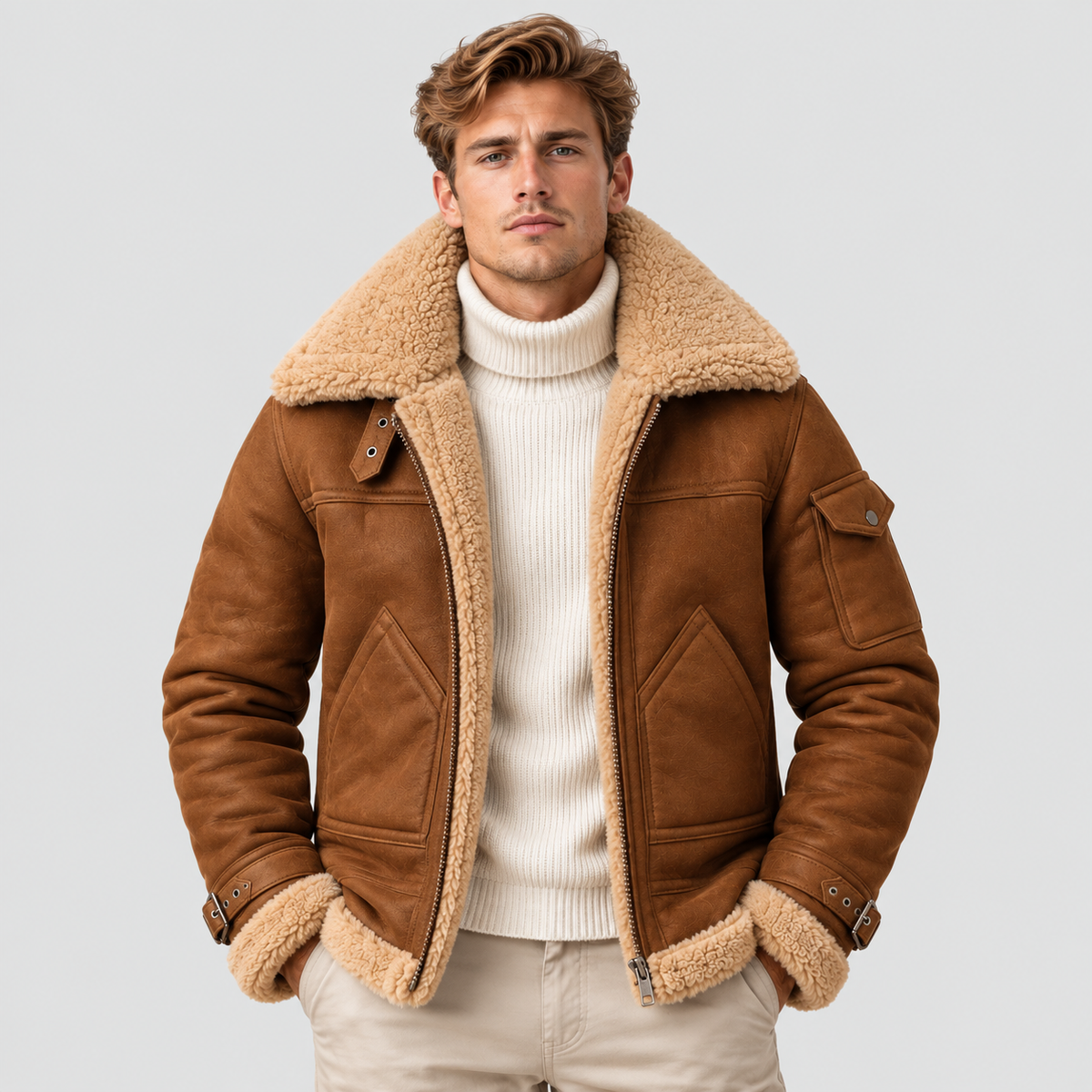Læderlook Pilotjakke til Herrer - Bred Krave i Shearling-Stil