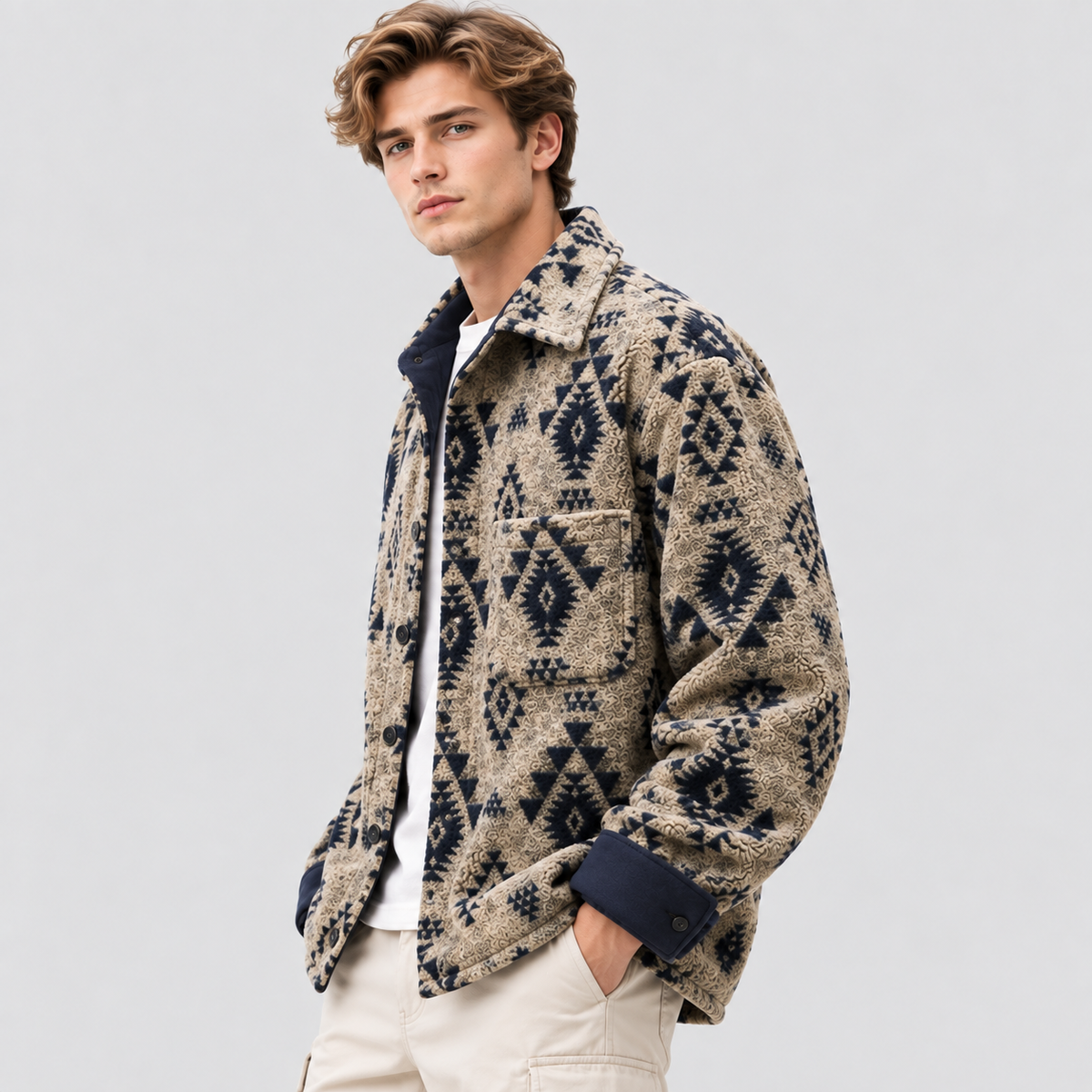 Overshirt i Uld til Herrer - Geometrisk Mønster med Kontrastkant