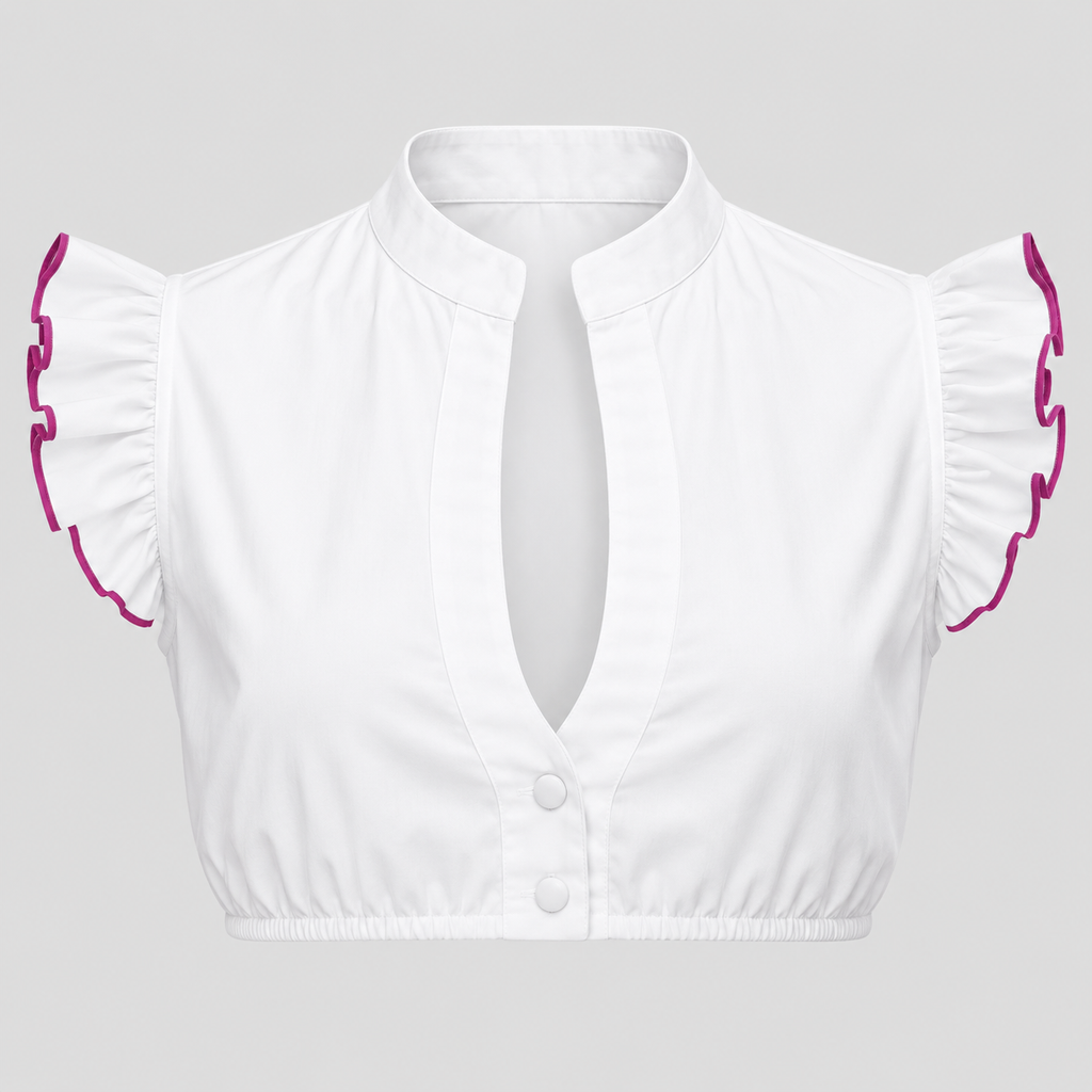 Cropped Dirndlbluse til Damer - Opstående Krave med Lyserød Kant