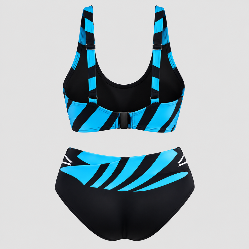 Højtaljet Bikinisæt til Damer - Stribet Print med Justerbare Stropper