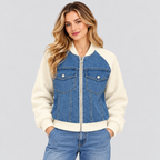 Cropped Bomberjakke til Damer - Denim med Ribkant